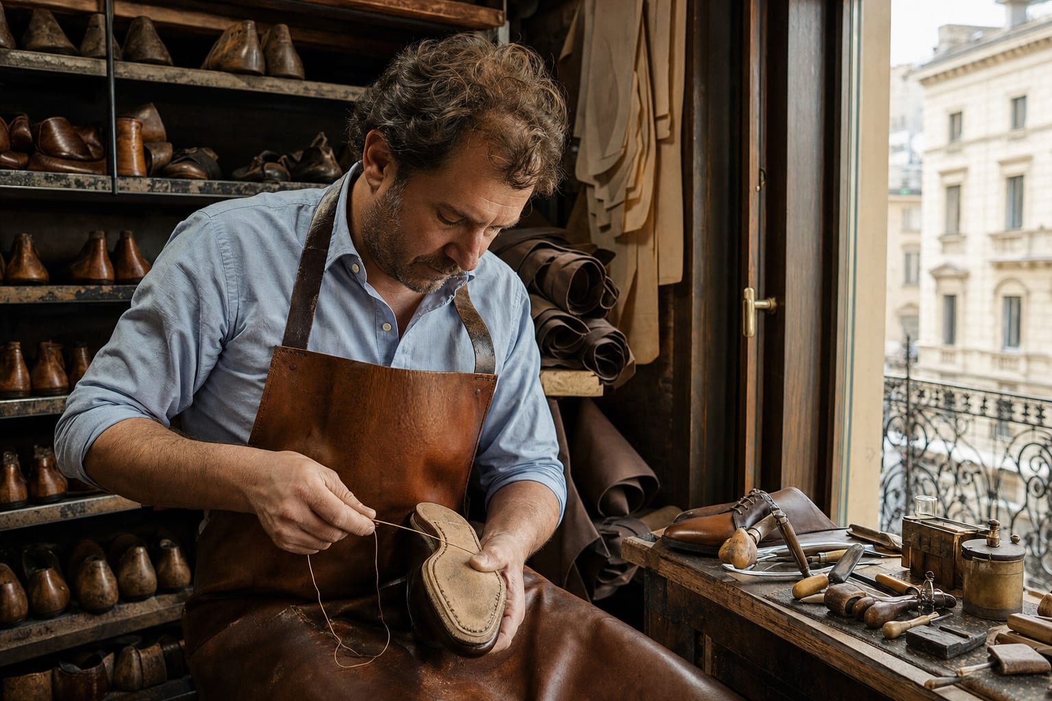 A shoemaker stitching the sole of a handmade brown shoe in a Milan workshop lined with wooden lasts