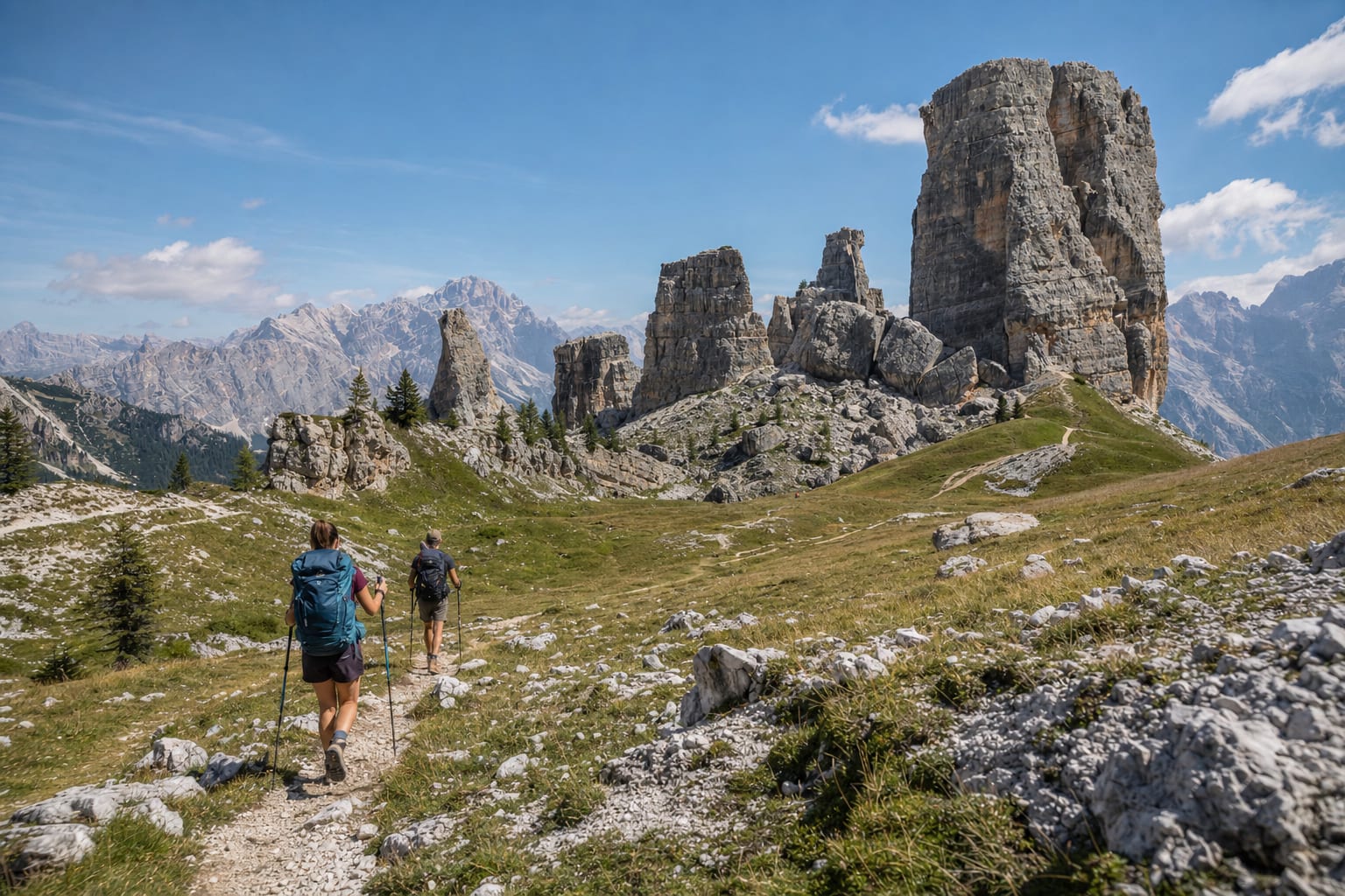 Guglie aguzze delle Dolomiti sopra una valle al crepuscolo, luci calde accese in un borgo di legno molto più in basso.