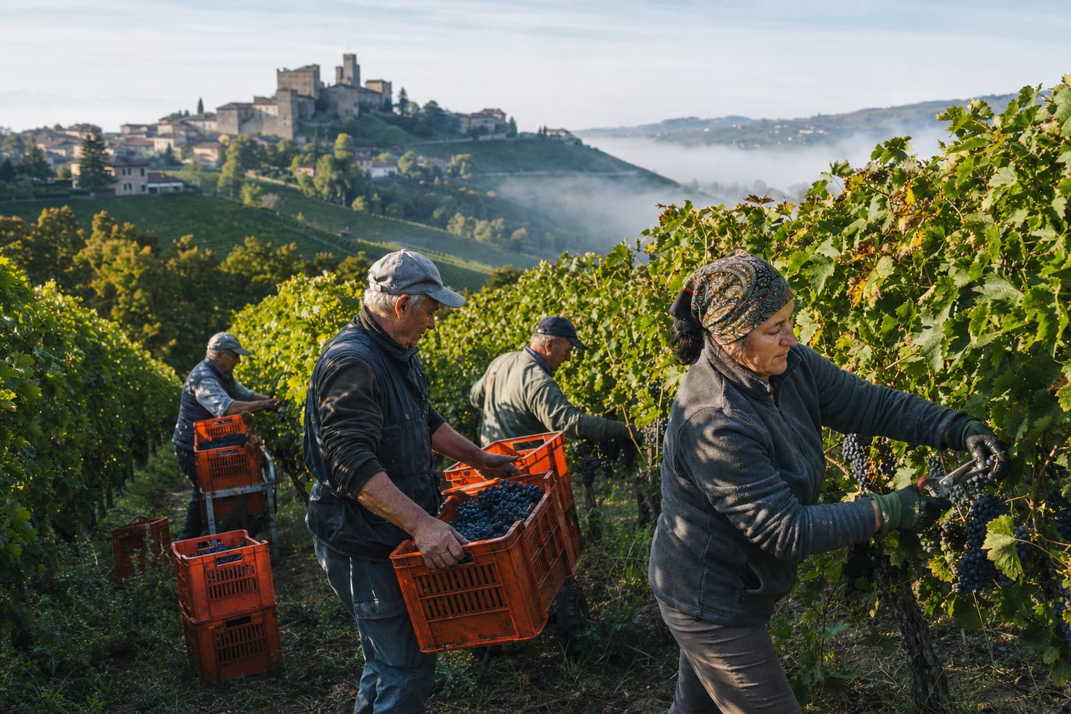 Filari di Nebbiolo sulle colline di Barolo nella luce dorata di ottobre, cassette di vendemmia pronte tra i filari.
