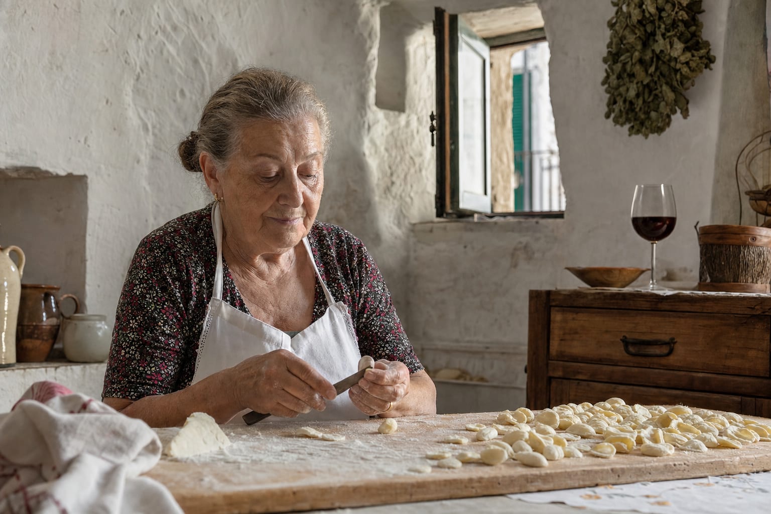 Un tagliere di legno infarinato con mani che formano orecchiette e un bicchiere di vino rosso posato di lato.