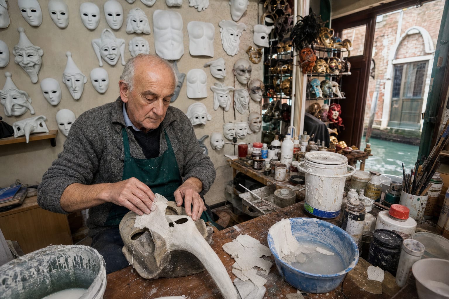 Mani dipingono una maschera della commedia dell'arte in cartapesta nel riverbero giallo di una lampada da lavoro, pennelli e pigmenti sul banco.