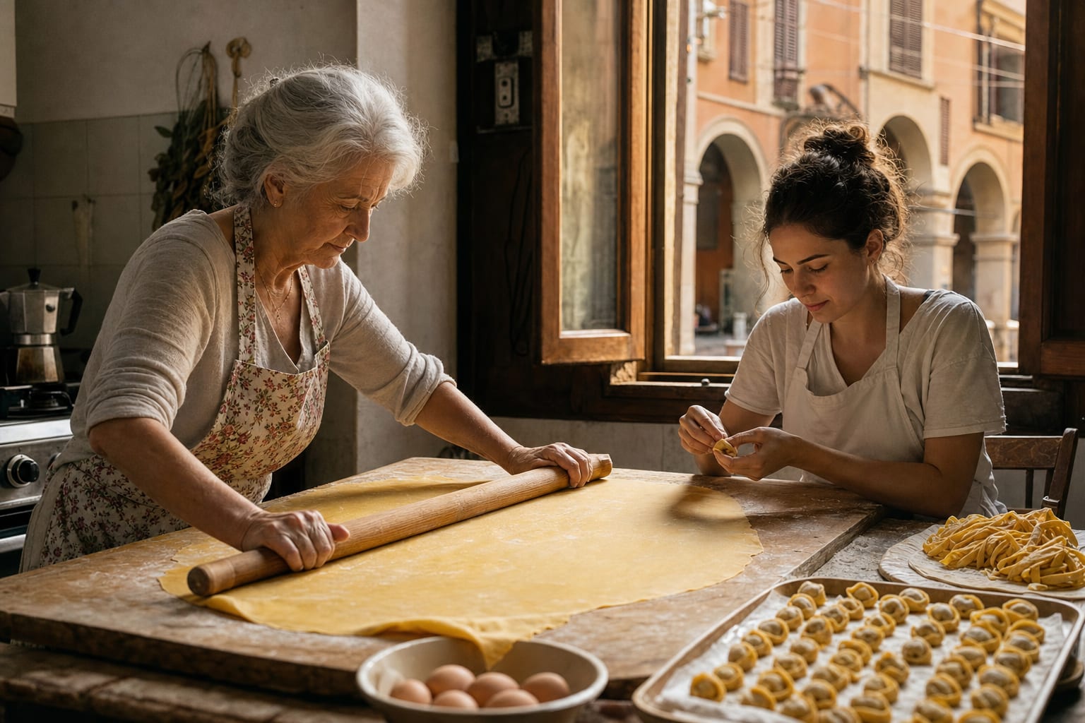 An elderly woman rolling a large thin sheet of egg pasta with a long wooden rolling pin while a young apprentice folds tortellini in a Bologna kitchen