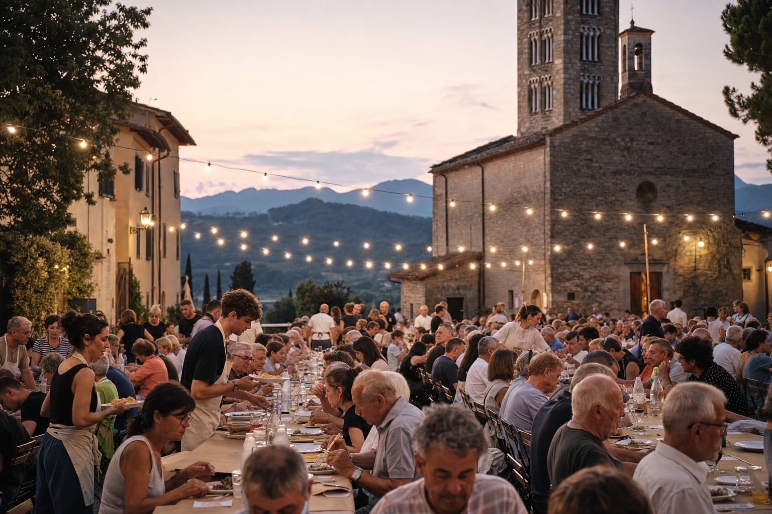 Lunghi tavoli comuni in una piccola piazza toscana all'ora blu, lanterne di carta, paesani seduti.