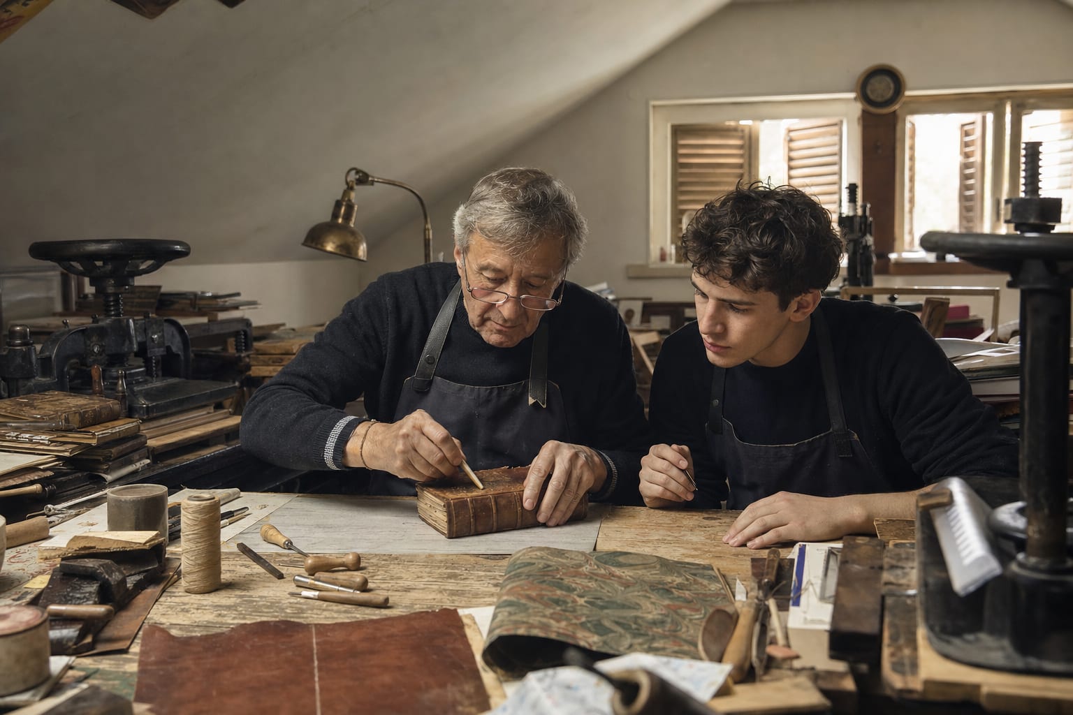 An elderly bookbinder and a young apprentice rebinding an antique leather-bound book at a workbench in a Florence workshop