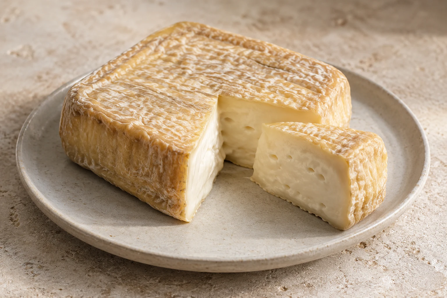 A square cheese with a wrinkled golden rind and a creamy ivory cut piece on a ceramic plate.