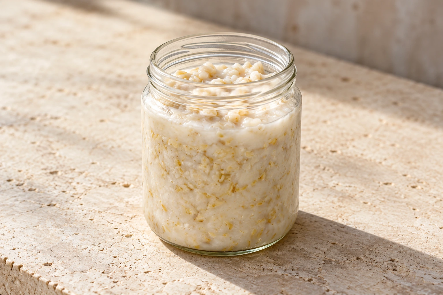 Grano cotto in un barattolo di vetro aperto.