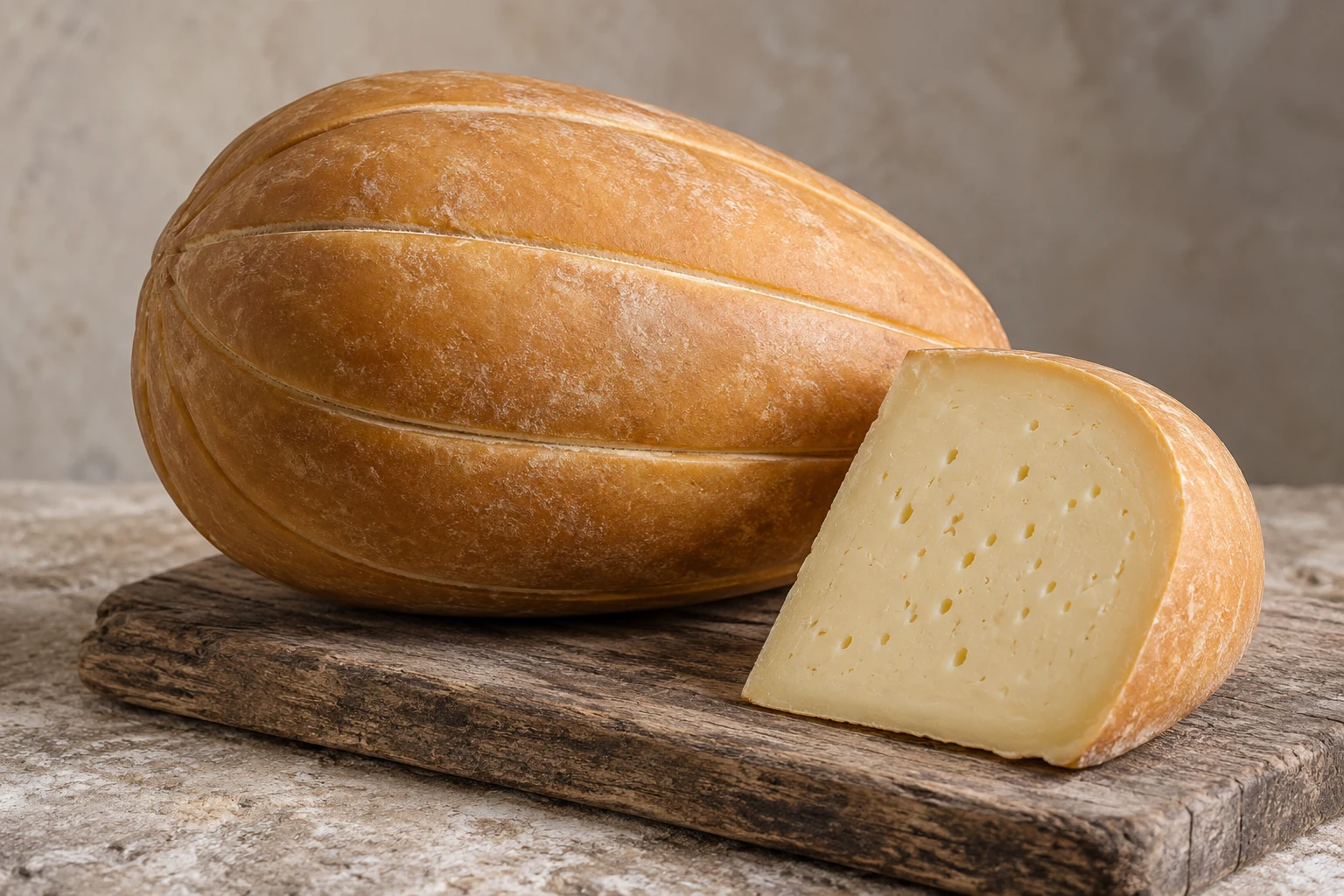 An elongated melon-shaped cheese with rope grooves and a cut ivory portion on a wooden board.