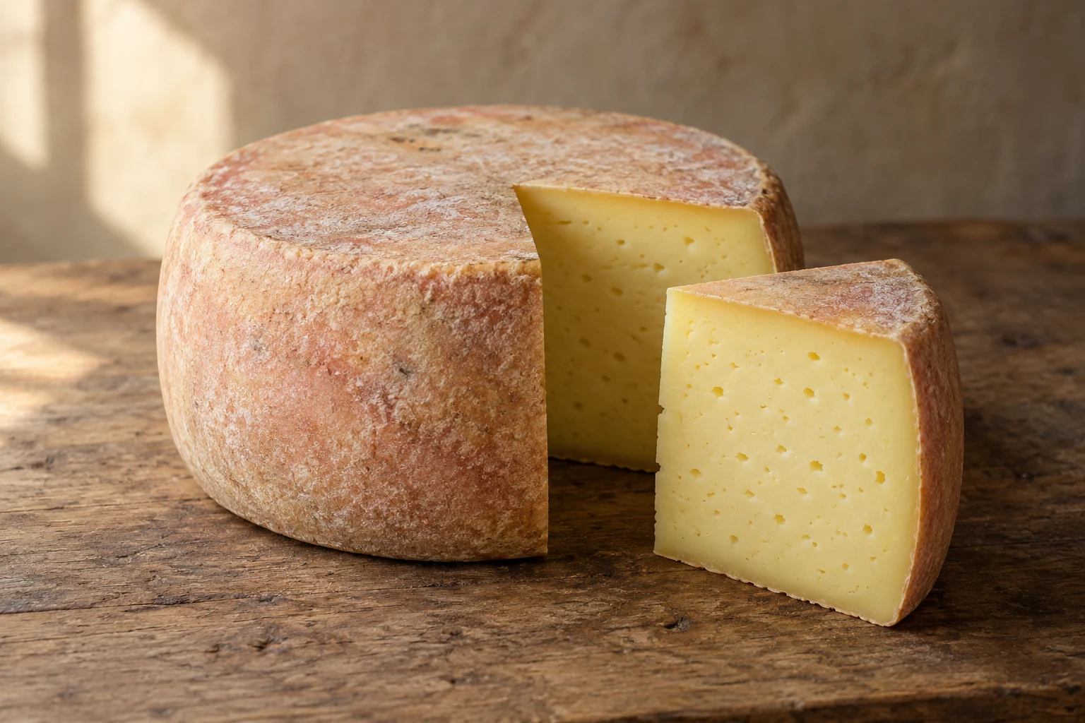 A cheese wheel with a reddish rind and sparse small eyes in the cut paste