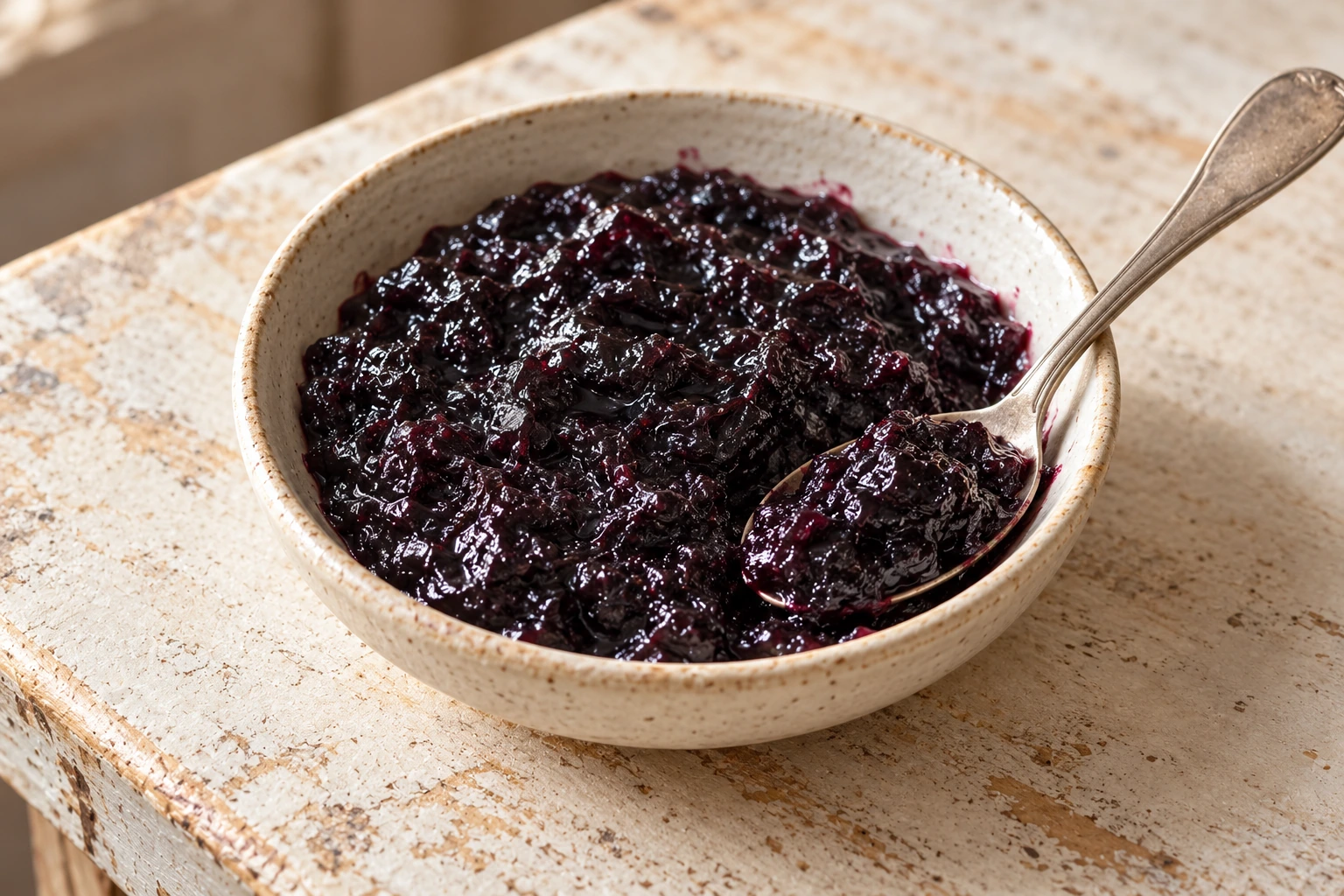 Thick dark grape jam in a ceramic bowl with a spoon
