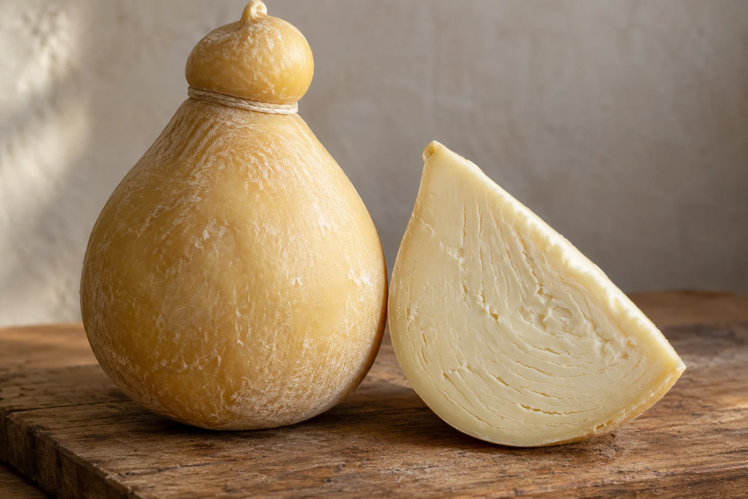 A pear-shaped cheese with a small head and a cut portion showing ivory pasta filata on a plain board.