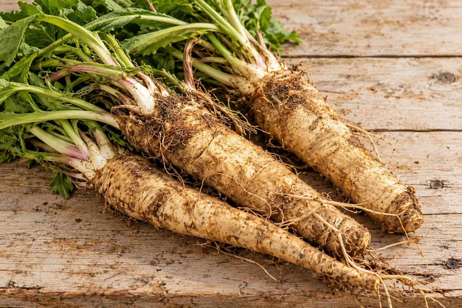 Whole horseradish roots with rough tan skin and green crowns.