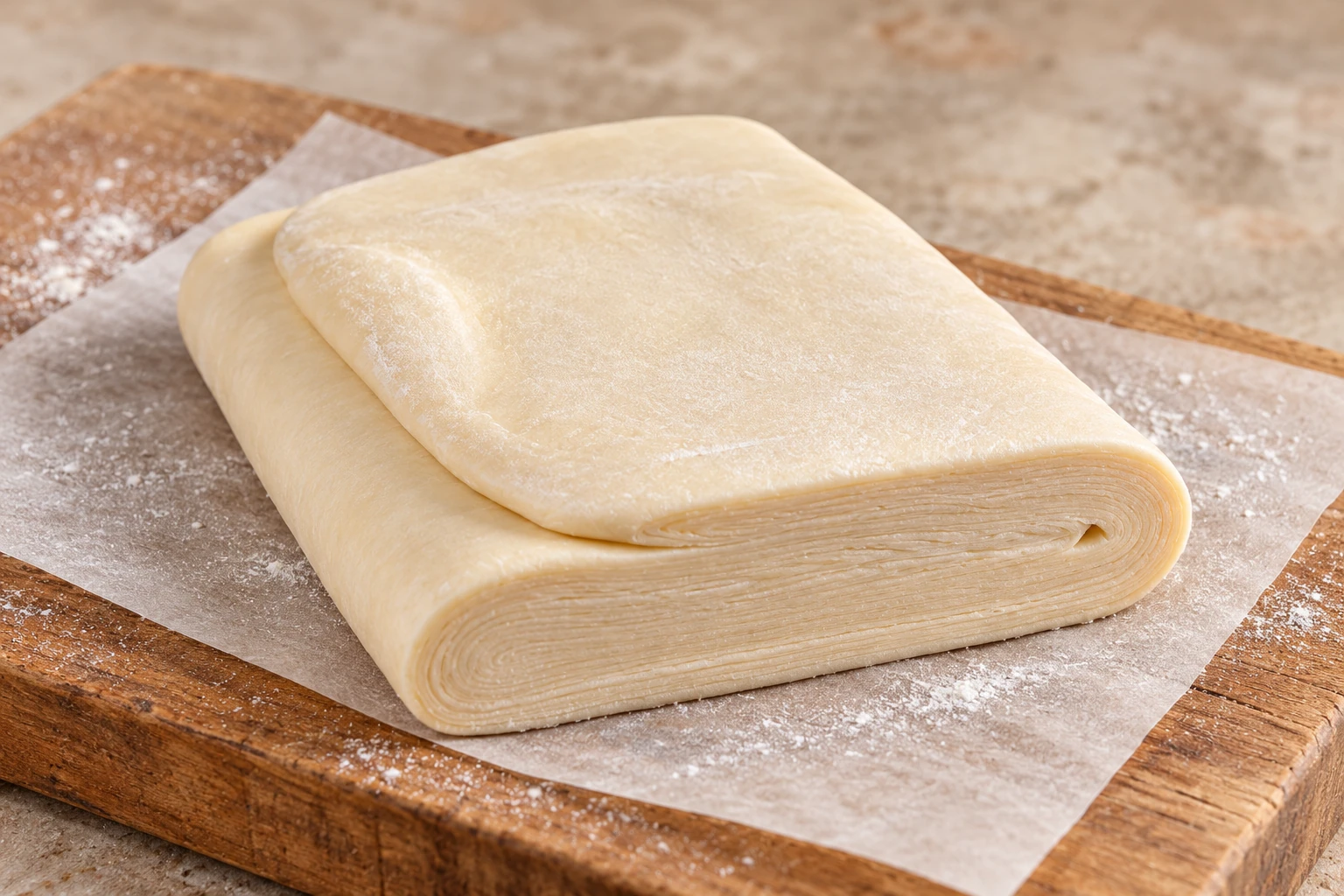 Raw folded puff-pastry block with fine layers visible along the edge.