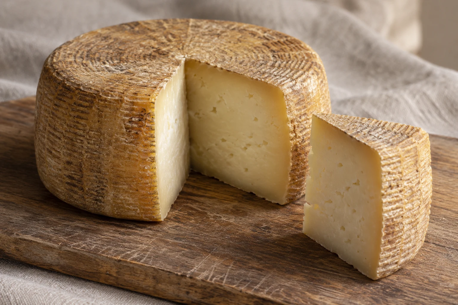 A round golden-rinded cheese with basket marks and a pale cut wedge on a wooden board.
