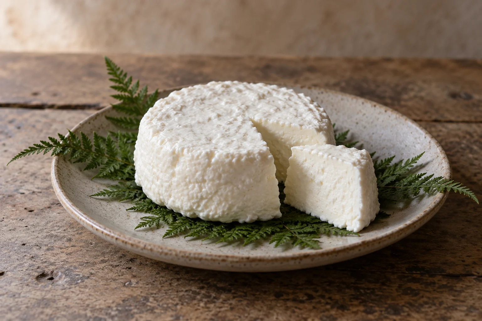 A low round fresh white cheese on fern sprigs