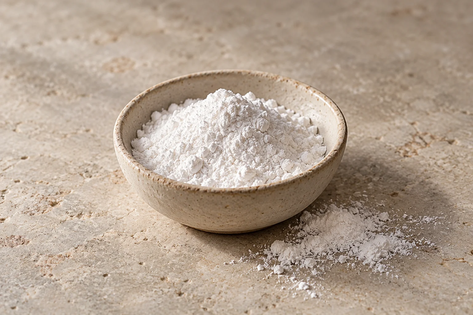 A small bowl of fine white baking powder with a light spill beside it.