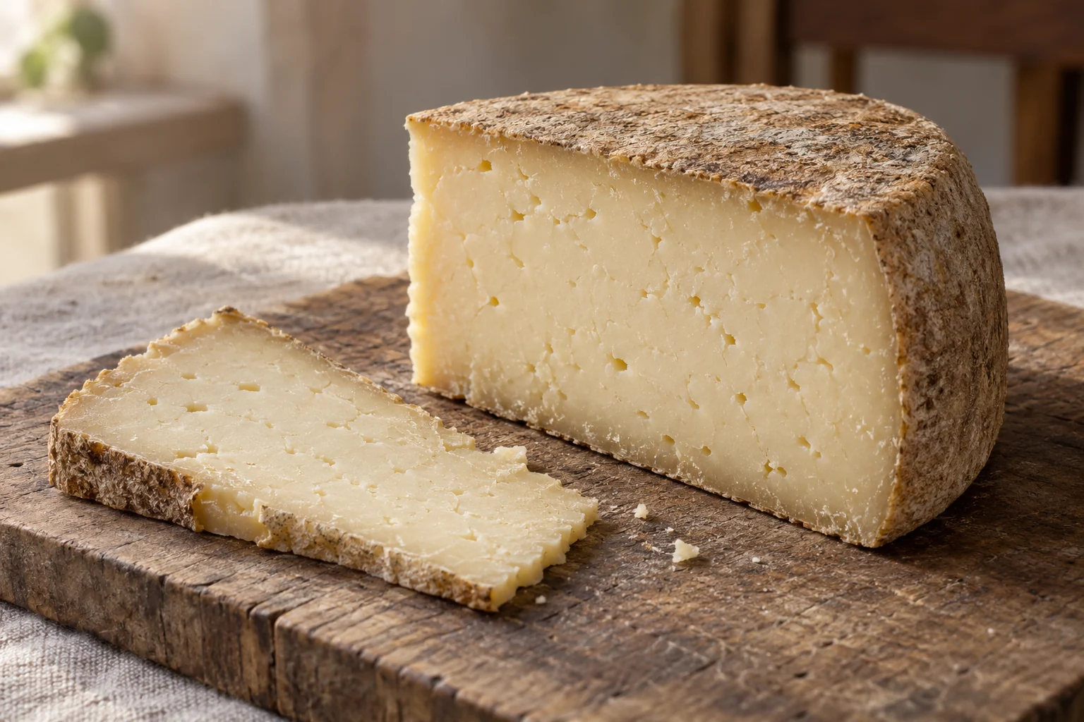 A wedge and a thin slice of pale Bastardo del Grappa cheese with small eyes and a rough rind on a wooden board.