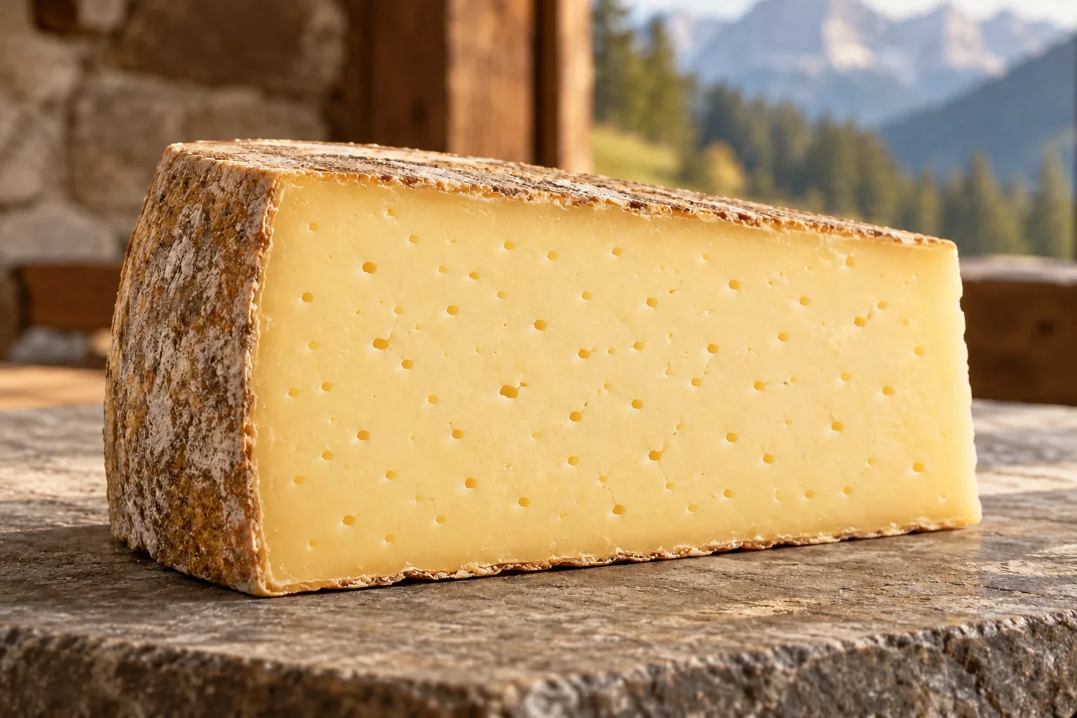 Uno spicchio di formaggio Branzi dalla pasta giallo paglierino e dalla crosta naturale.