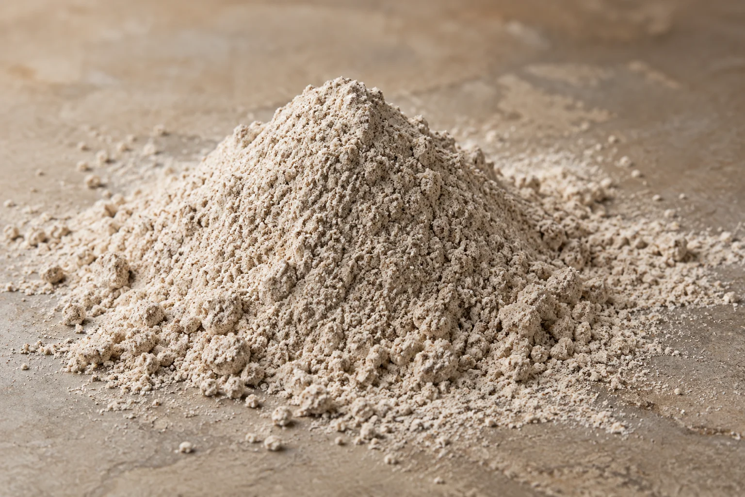 Loose buckwheat flour, grey-brown and finely milled, scattered on stone.