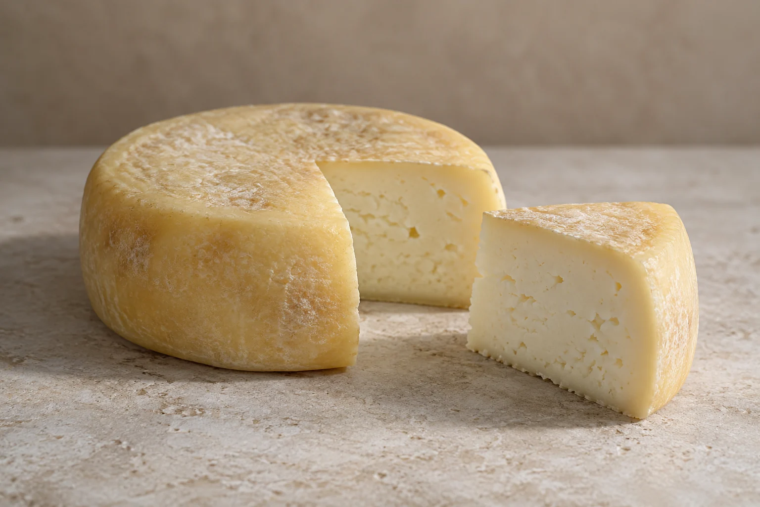 A small low cheese wheel and wedge with a thin pale rind and lightly eyed paste.