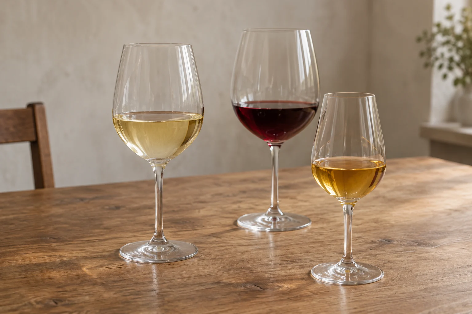 Three stemmed glasses holding pale white, red and golden wine on a wooden table.