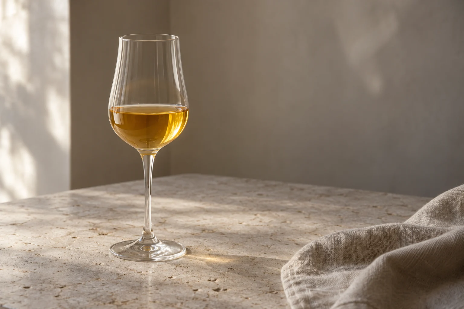 A small stemmed glass of clear golden-yellow wine on a pale stone surface.