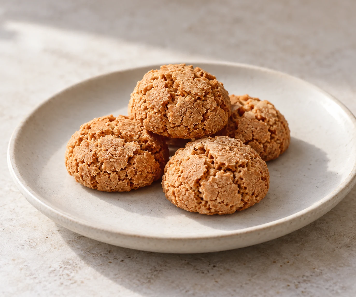 Amaretti secchi rotondi dalla superficie leggermente screpolata.