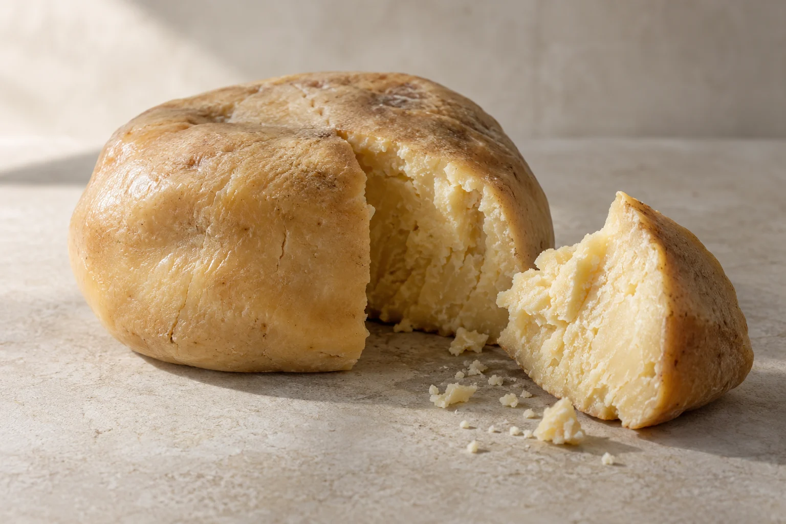 An irregular cheese and cut wedge with a lightly lustrous amber surface and friable pale paste.