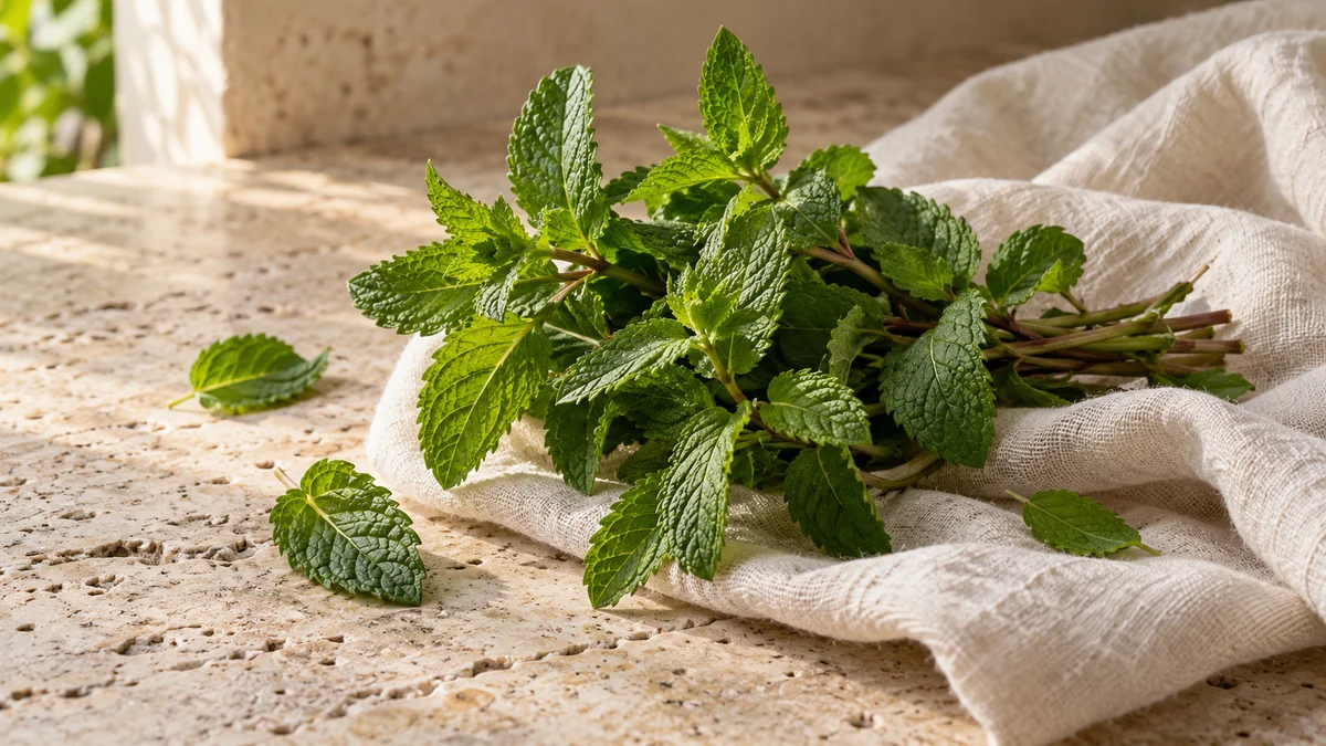 Fresh mint sprigs with serrated green leaves on ivory linen and a pale stone kitchen surface.