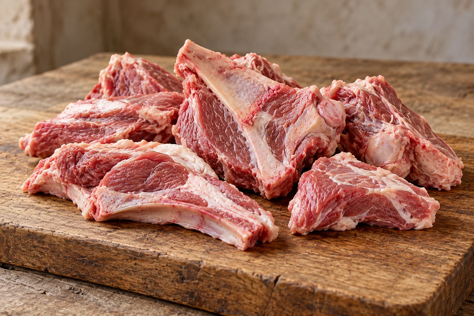 Raw bone-in lamb shoulder pieces on a board