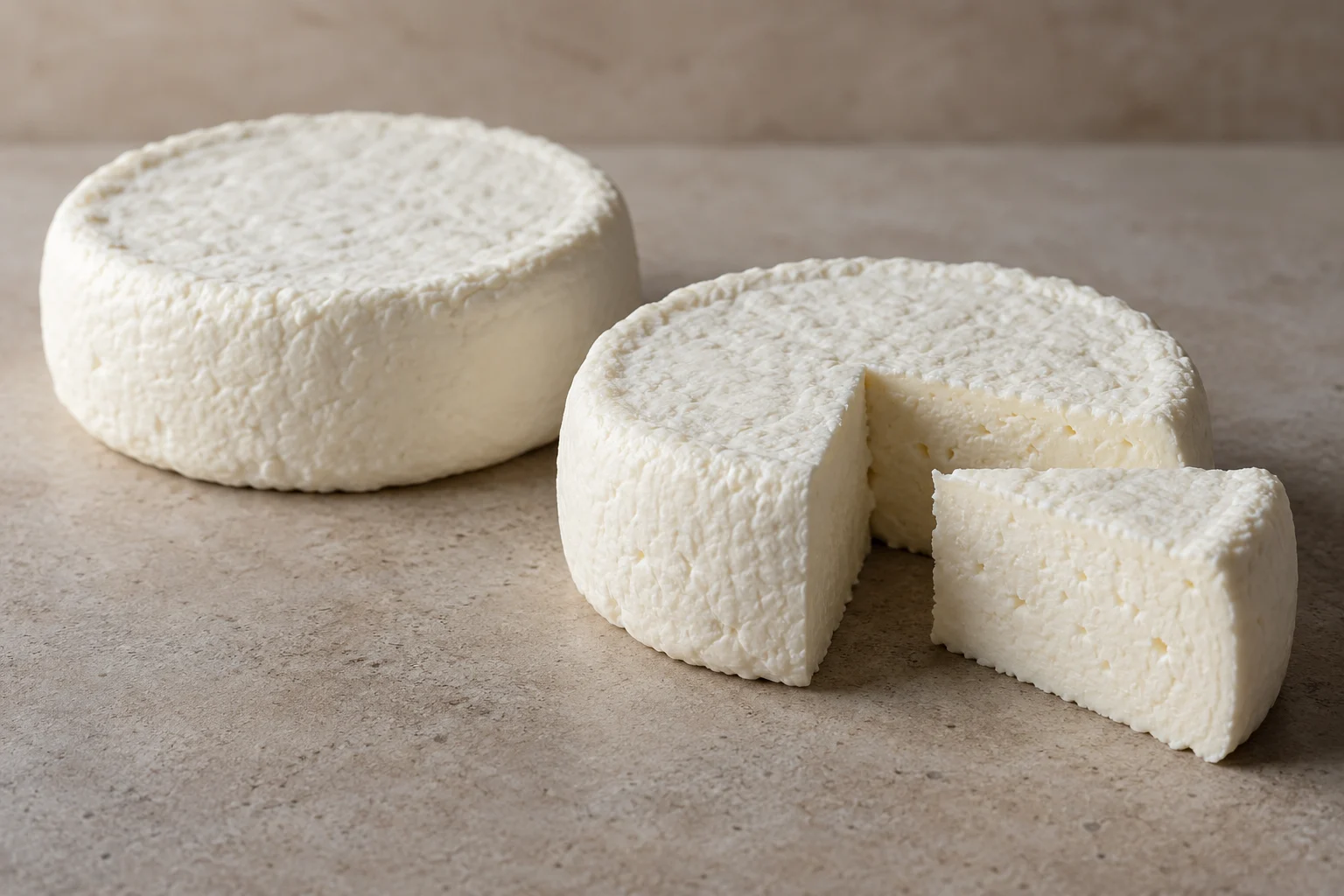 Small white cheese rounds with low sides and a cut piece showing soft fine-grained paste.