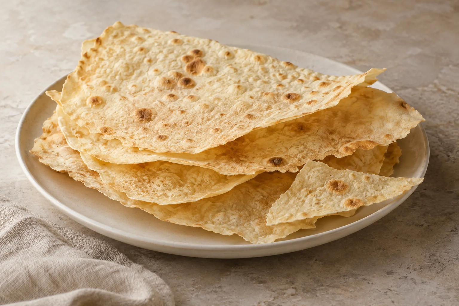 Sfoglie sottili e croccanti di pane carasau semplice su un piatto.