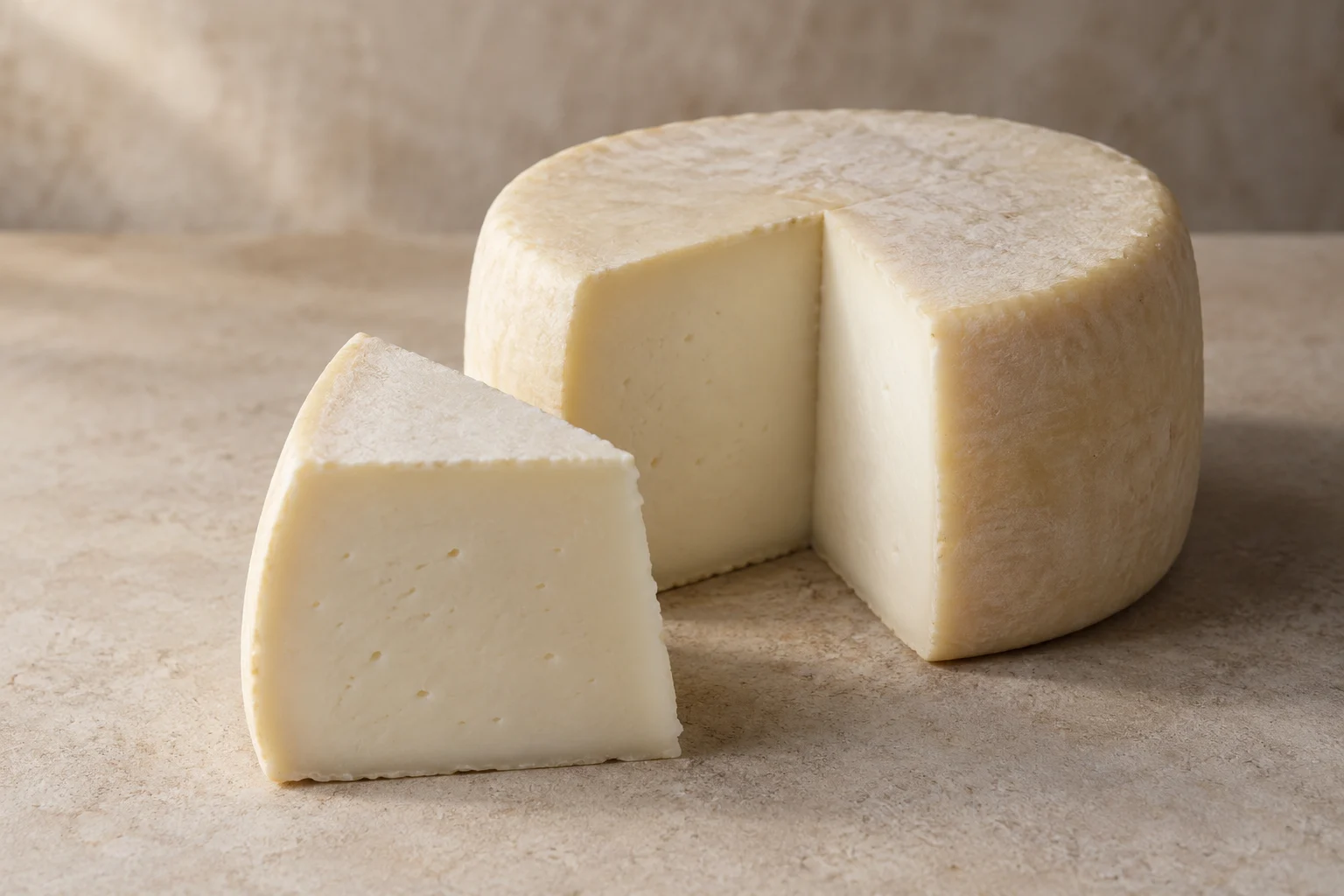 A small white cheese wheel and wedge with a thin pale rind and tender white paste.