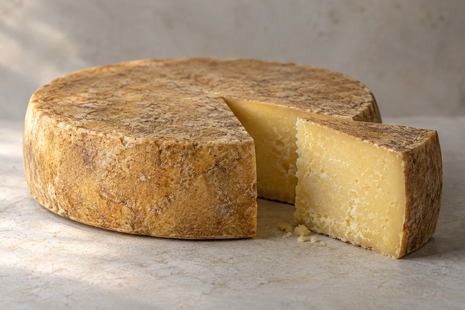 Una forma bassa di formaggio e uno spicchio con crosta ocra e pasta gialla compatta.