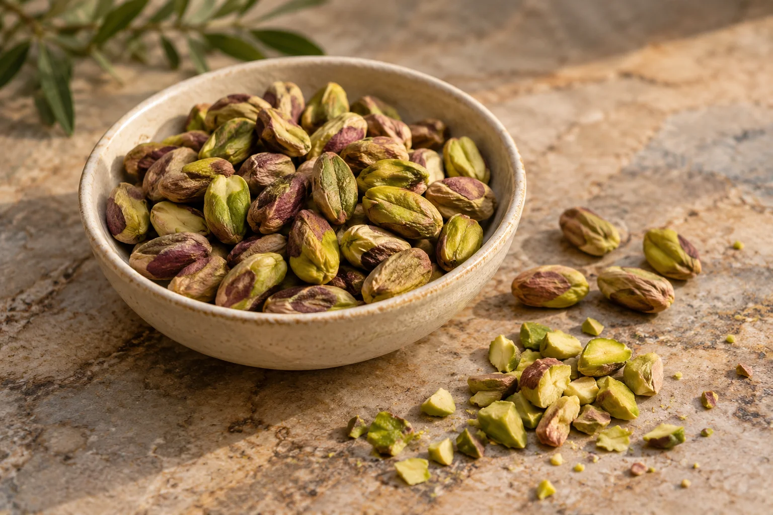 Pistacchi sgusciati naturali, con interno verde e pellicina viola-bruna.
