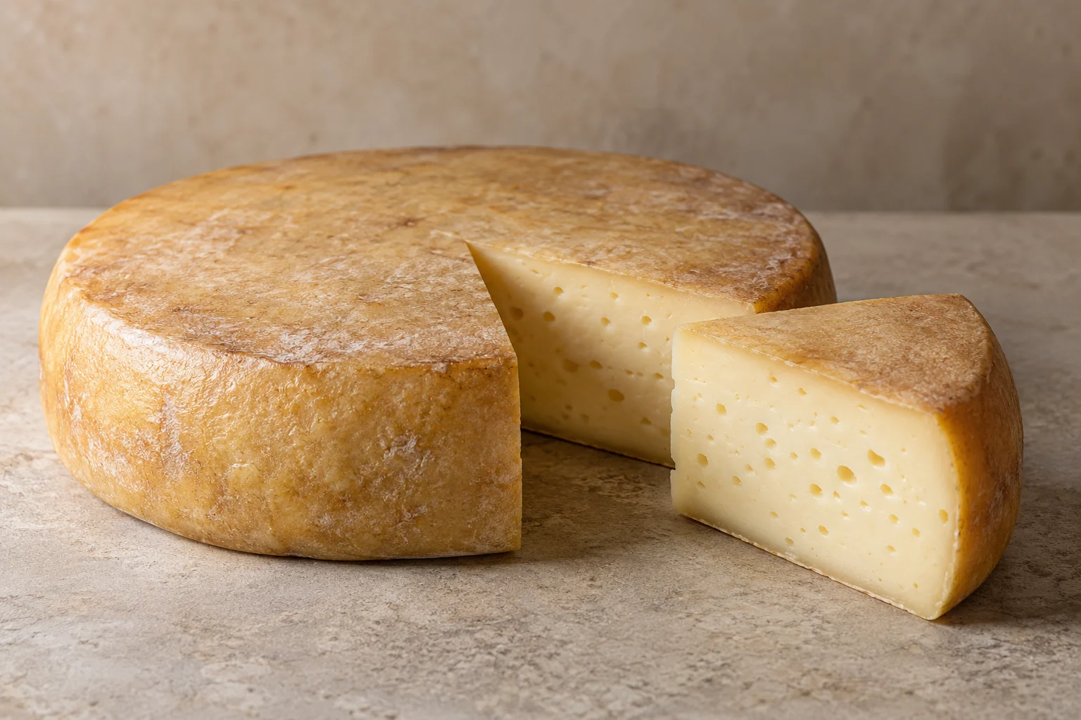 A low cheese wheel and wedge with an ochre rind and small scattered eyes.