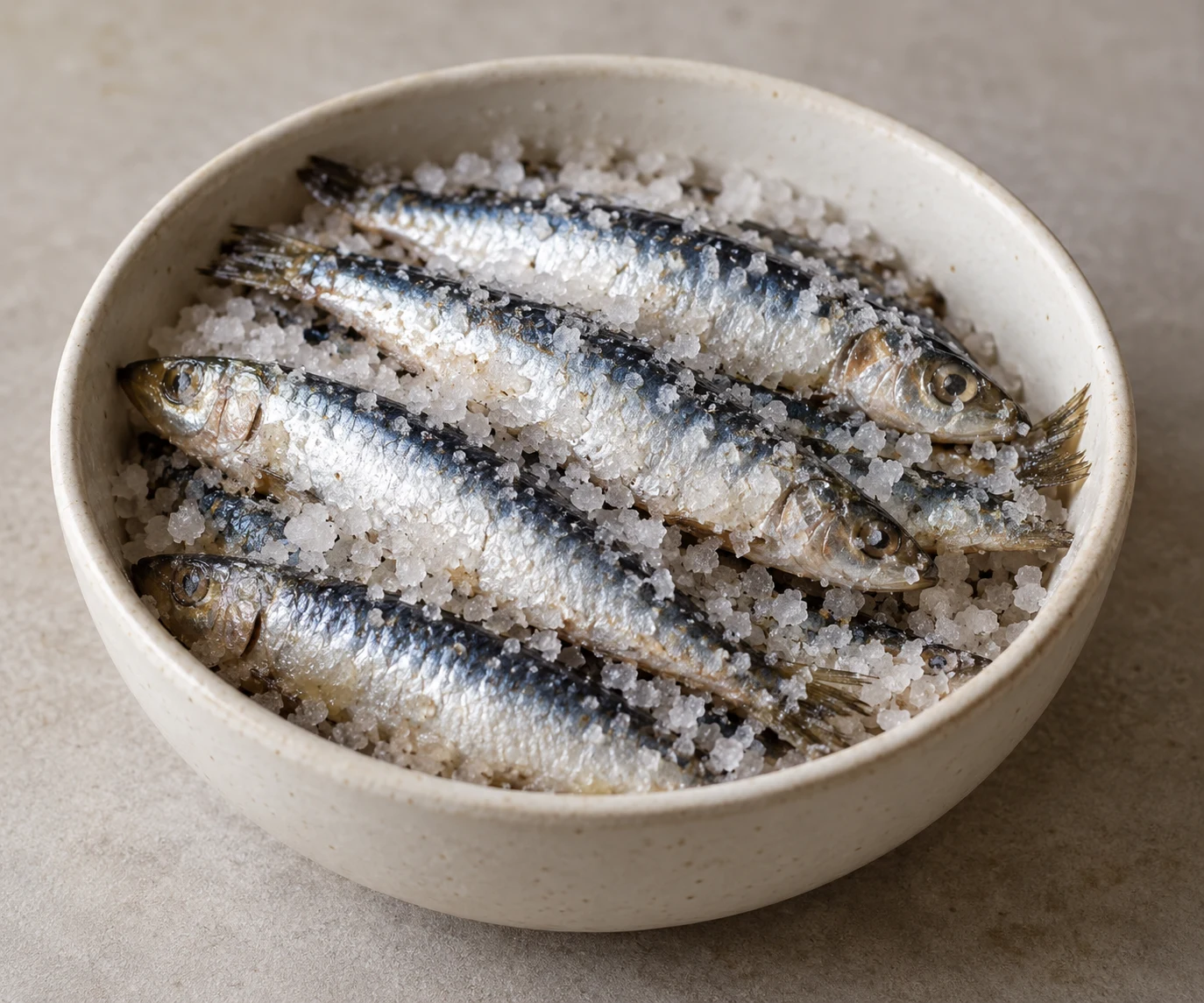 Small whole sardines nestled beneath coarse salt in a plain dish.
