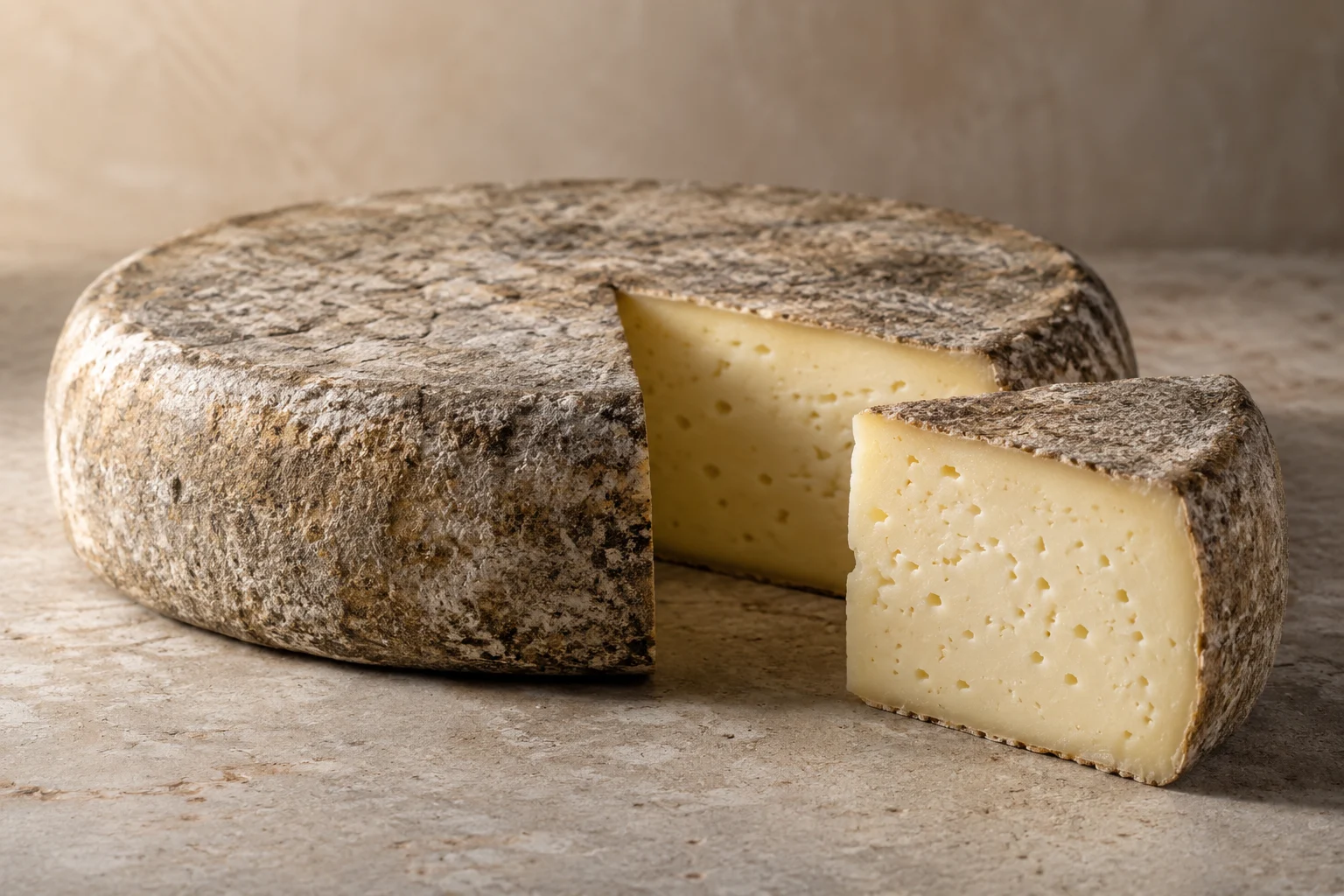 A low cheese wheel and cut segment with a gray-brown rind and scattered eyes.