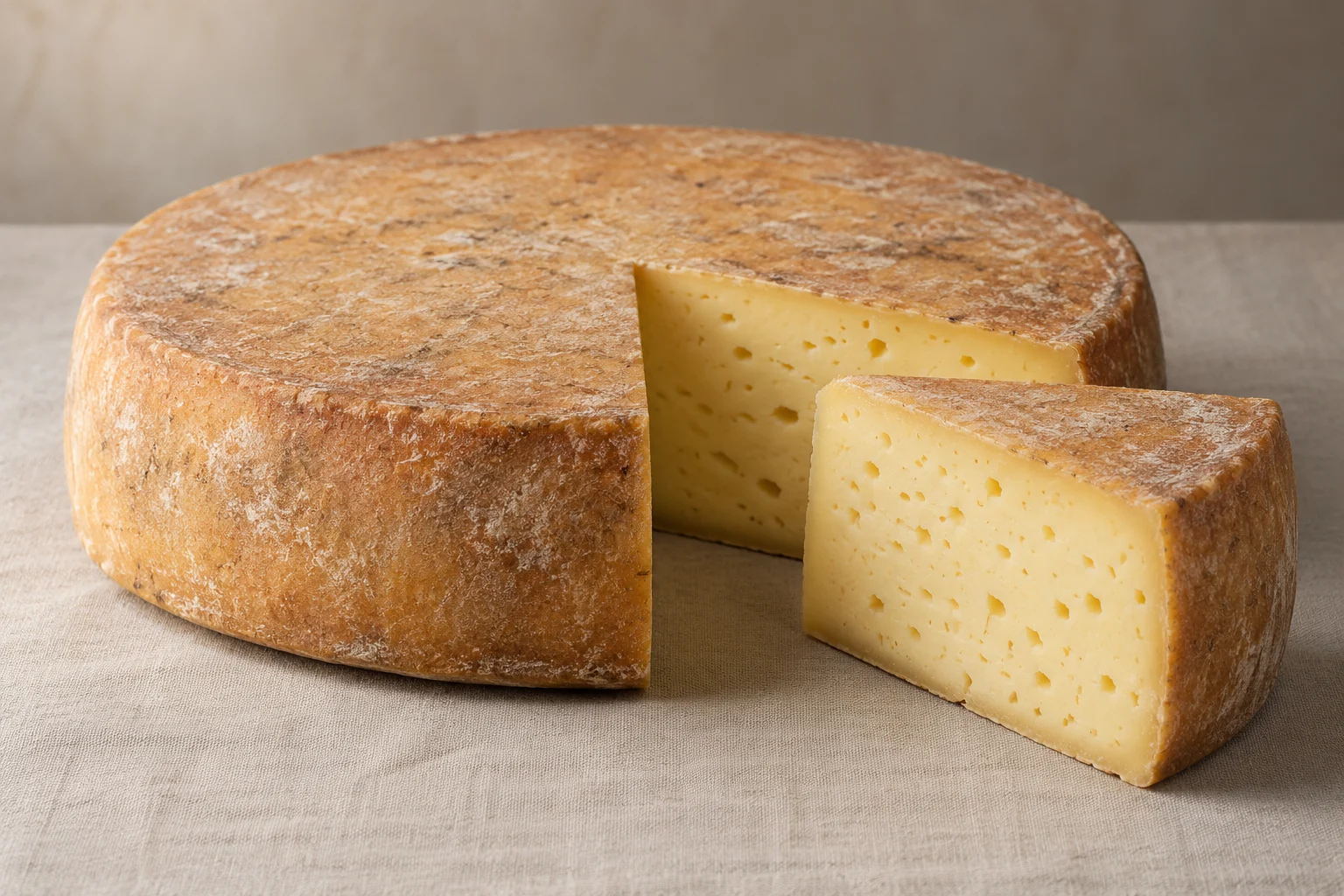 A broad cheese wheel and wedge with an orange-brown rind and irregular eyes in pale paste.