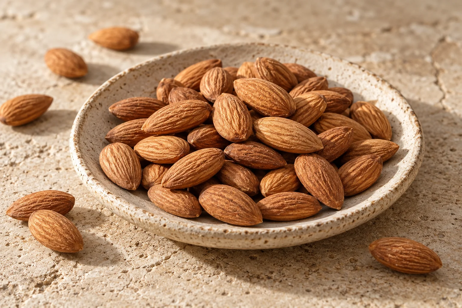 Mandorle dolci intere con la buccia marrone naturale in un piatto basso di ceramica.