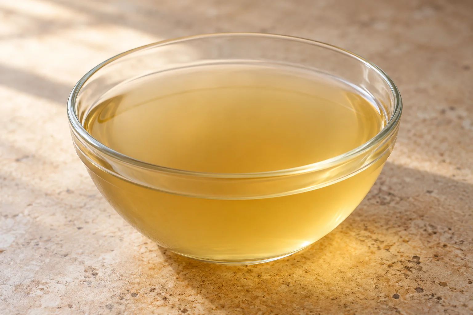 Brodo vegetale non salato, limpido e dorato chiaro, in una ciotola di vetro.