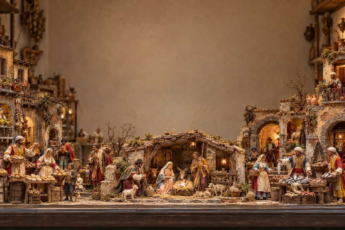 Neapolitan nativity scene with terracotta and cloth figures, a low stable and miniature village food stalls