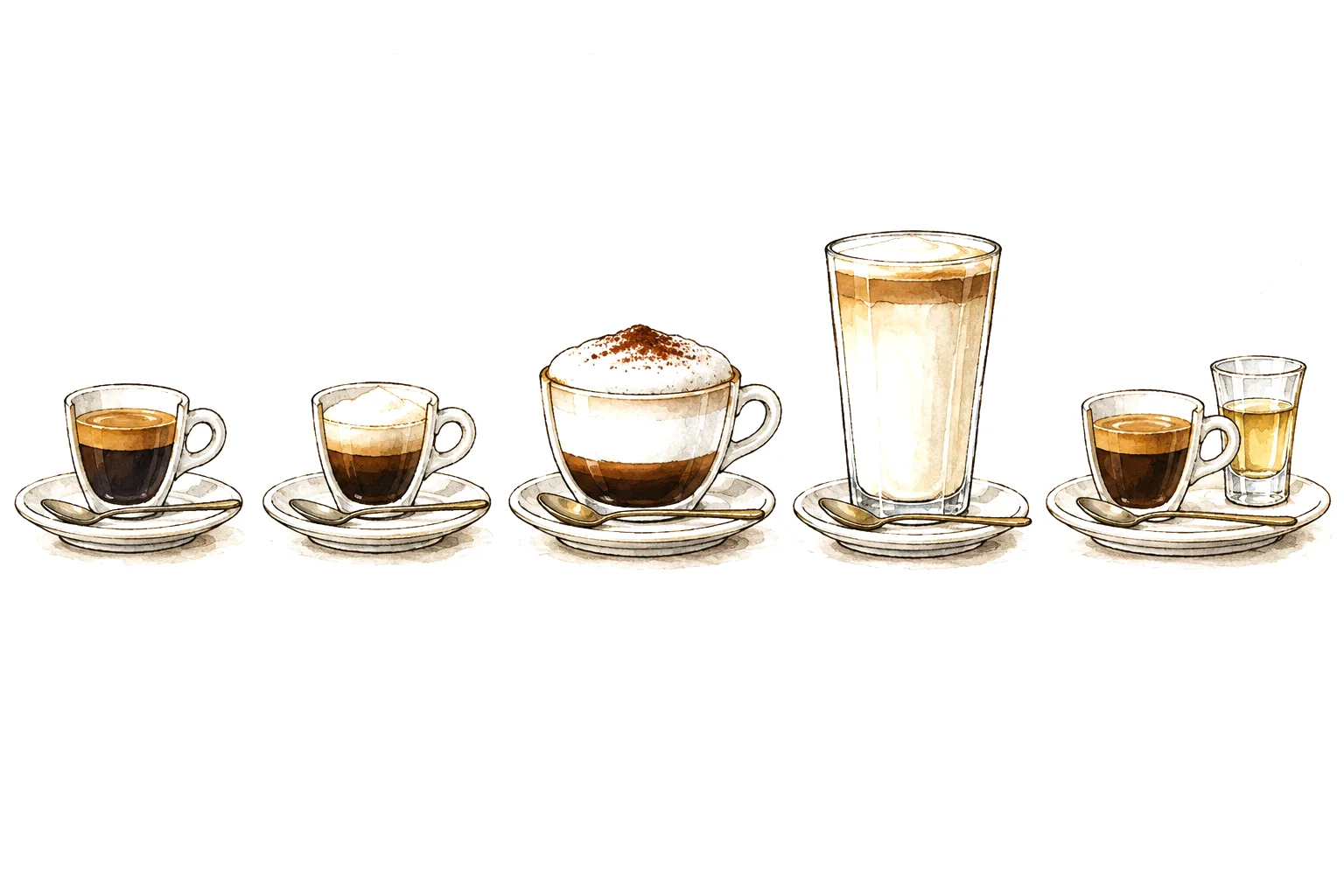 Illustration of five Italian coffees in a row: espresso, macchiato, cappuccino, caffè latte and caffè corretto