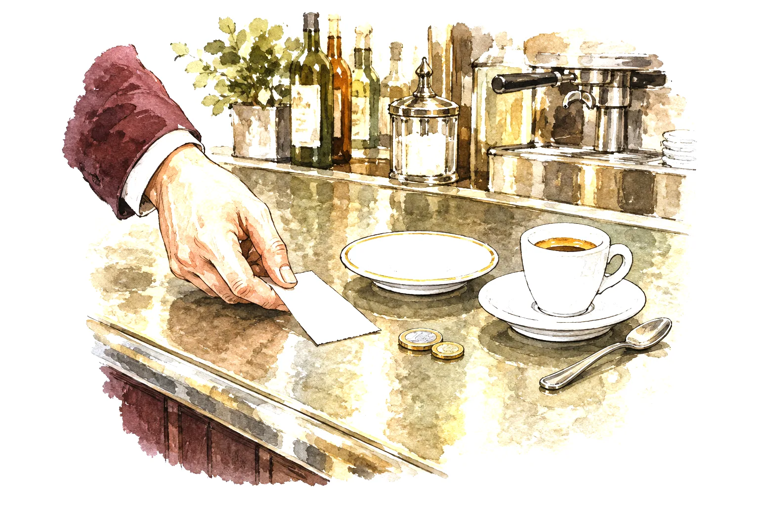 Illustration of a hand setting a paper receipt on a bar counter beside a saucer and an espresso