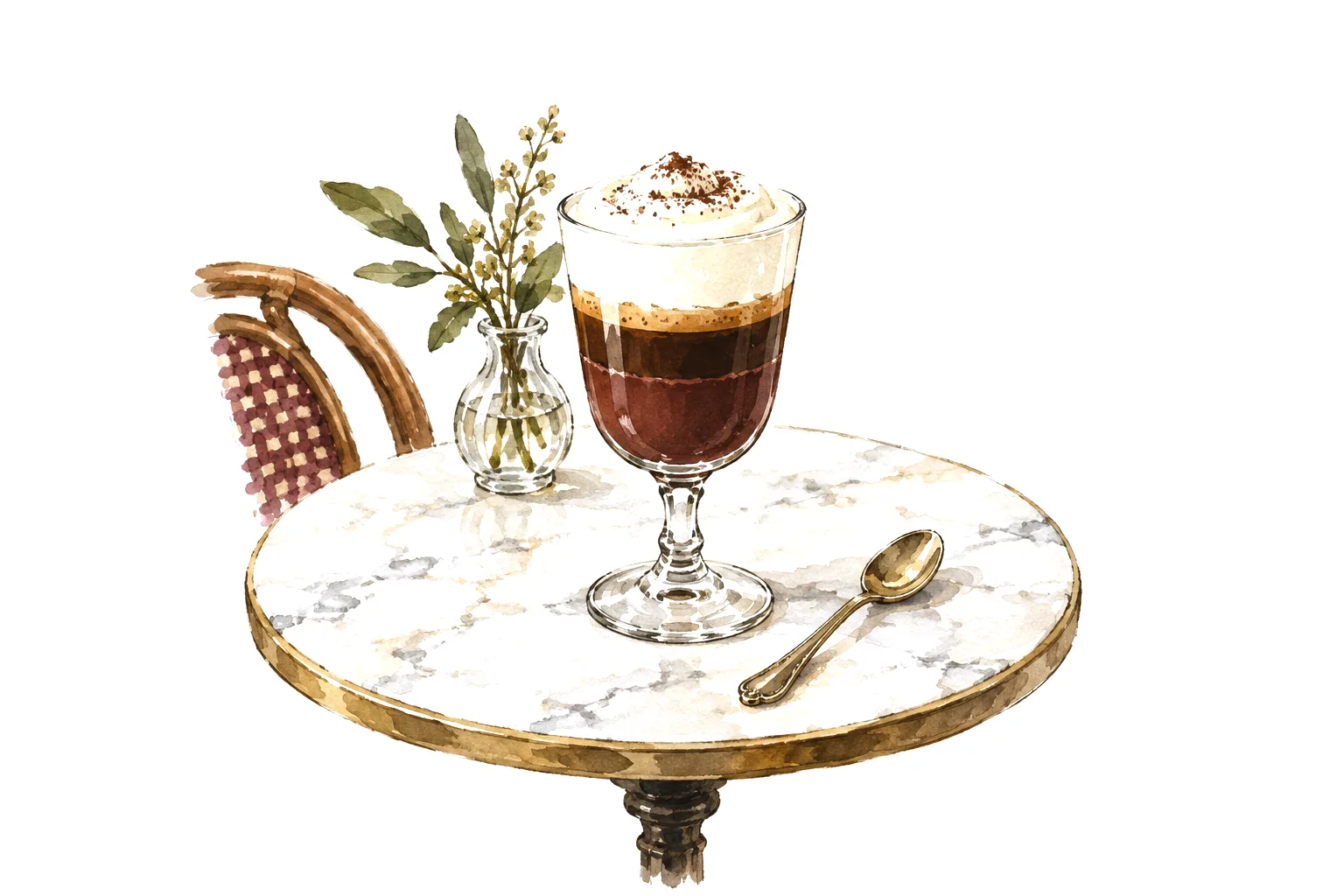 Illustration of a bicerin in a small stemmed glass with layers of chocolate, espresso and cream