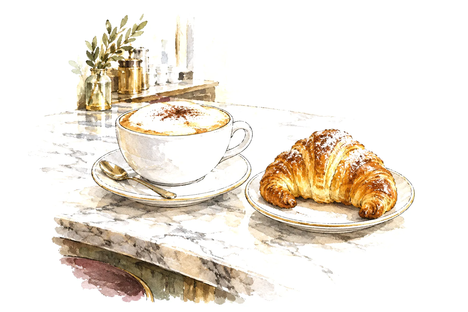 Illustration of a cappuccino and a cornetto on a marble bar counter