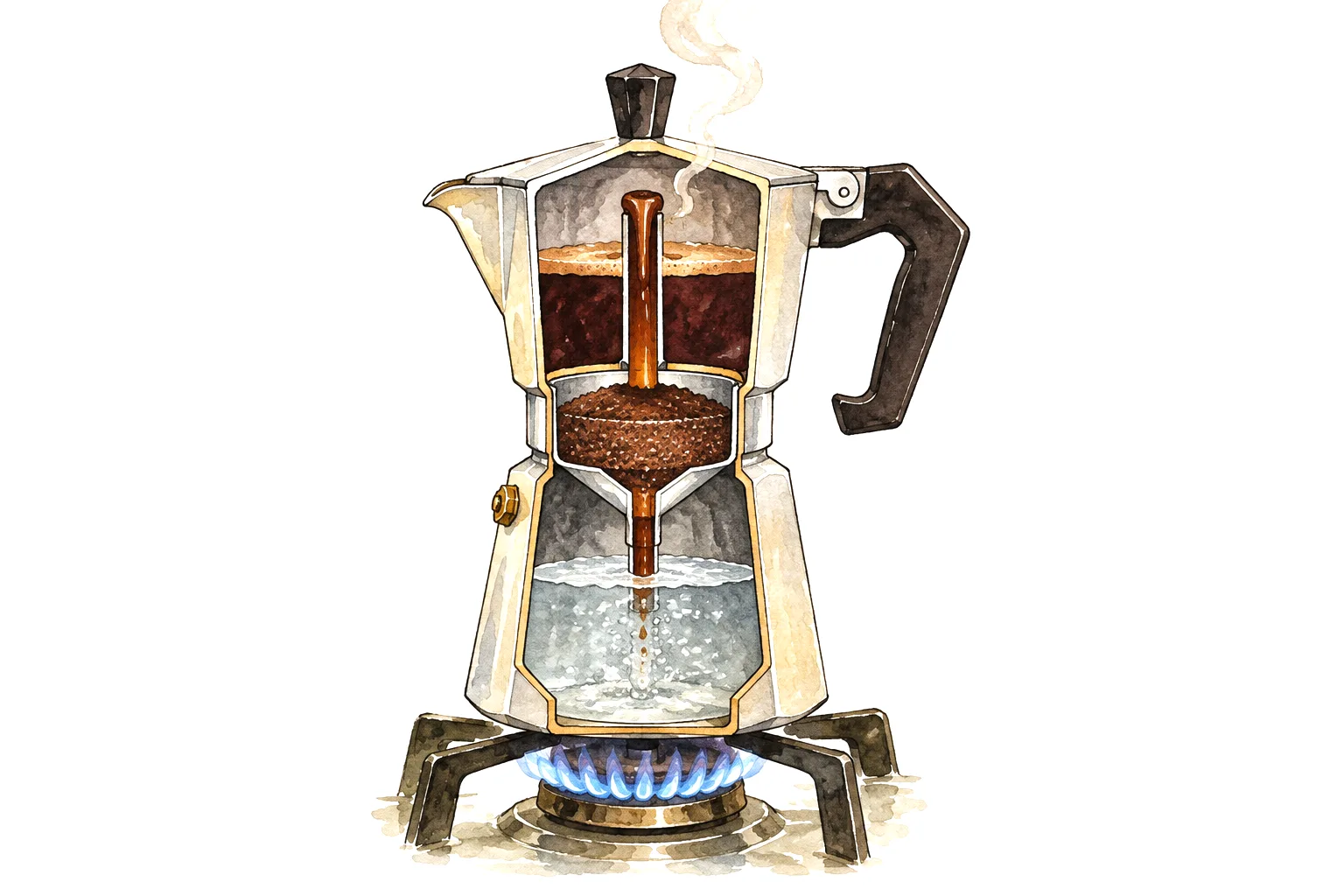 Cutaway illustration of a moka pot showing water in the base, coffee in the funnel and brew rising into the top