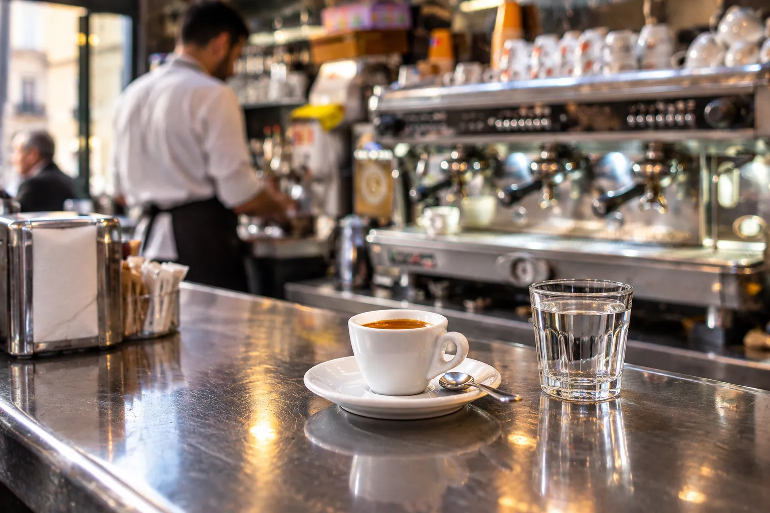 A single espresso on its saucer beside a glass of water on the steel counter of a Roman bar