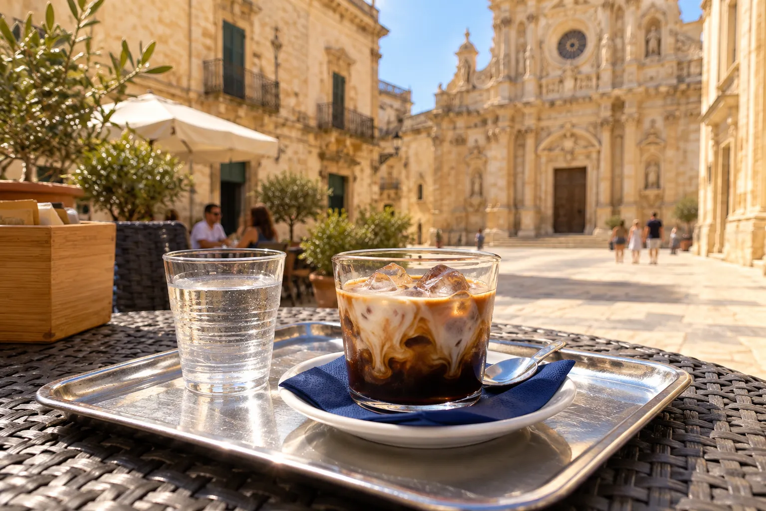 A glass of caffè leccese, espresso over ice with almond milk, on a café table in a Baroque square in Lecce