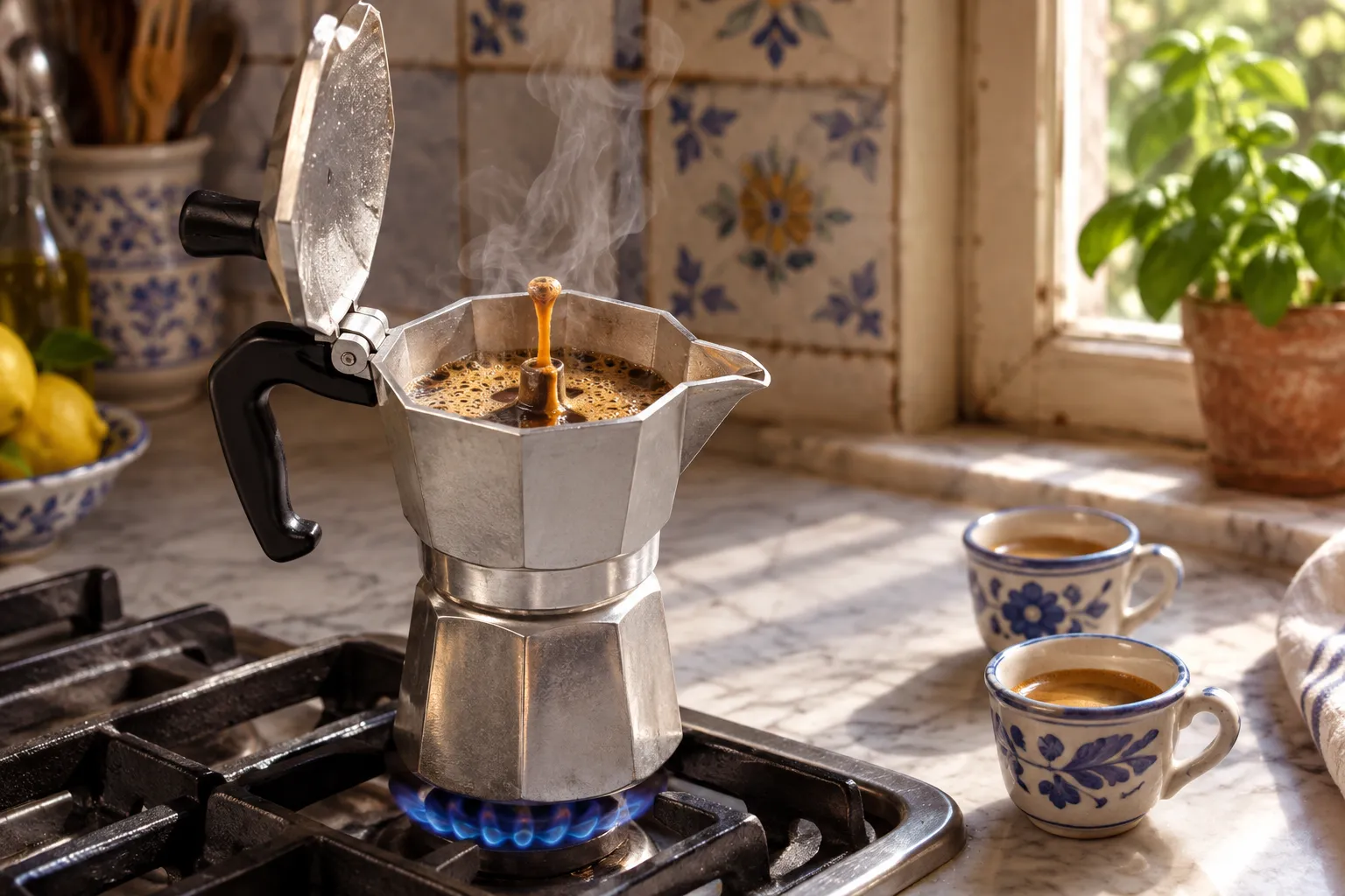 An aluminium moka pot on a low gas flame with coffee rising, two small cups waiting on a marble counter