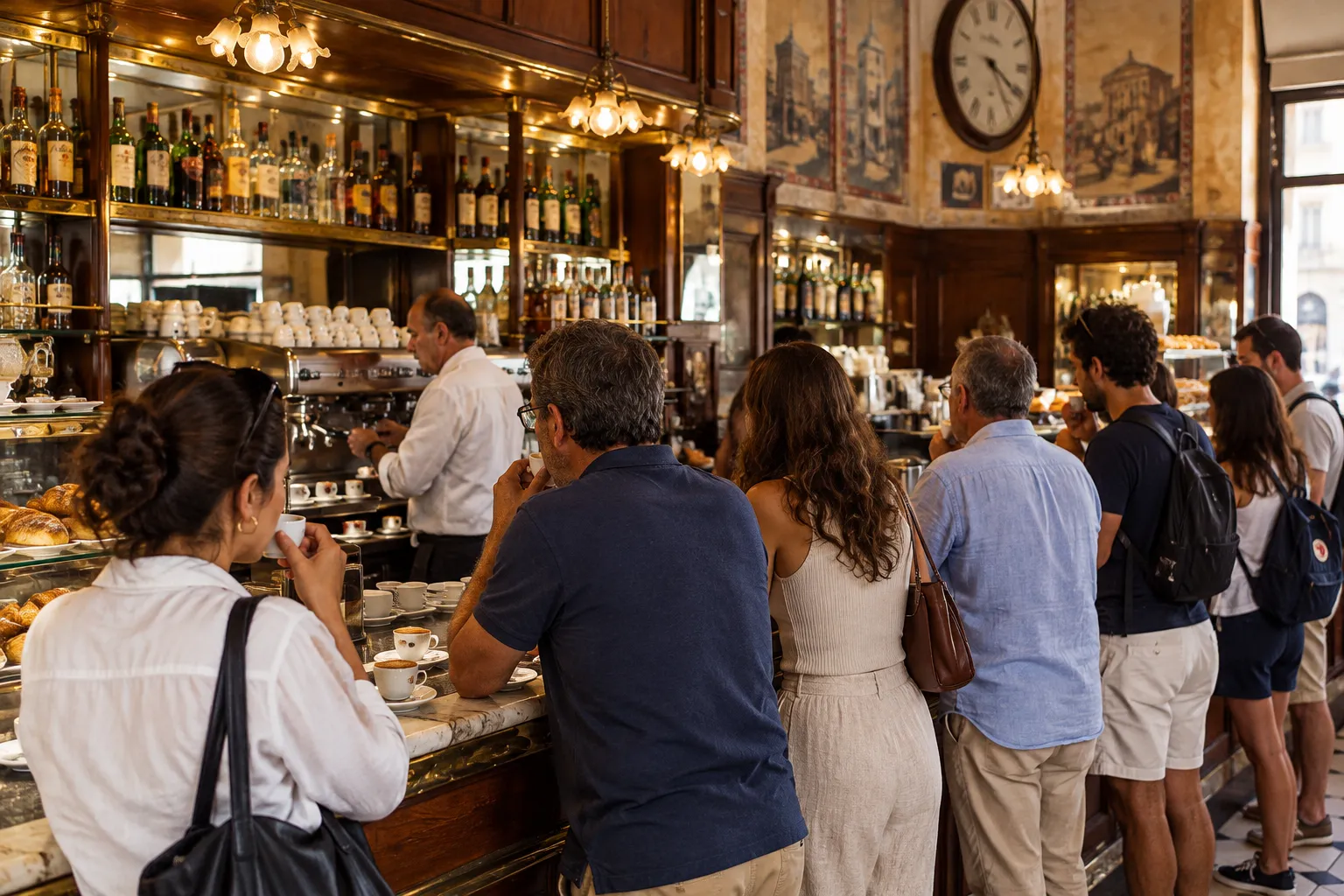 Customers standing at the long counter of a busy Roman coffee bar in the morning while the barista works the machine